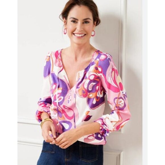 Talbots Petite MP Pink & Purple Floral Long Sleeve Cotton Blouse Top - Picture 2 of 6